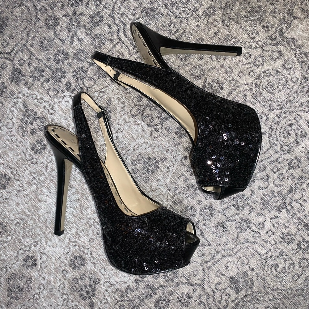Enzo Angiolini Black Sequin Peep Toe Heels